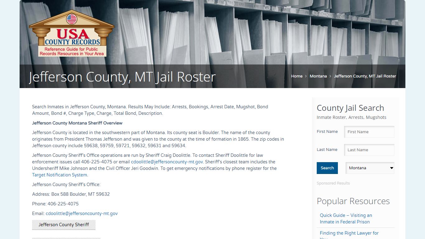 Jefferson County, MT Jail Roster | Name Search